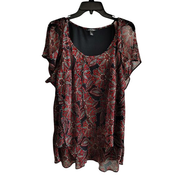 Roz&Ali Women's 1X Black, Red, and White Floral Polka Dot Cold Shoulder Blouse - Picture 1 of 7